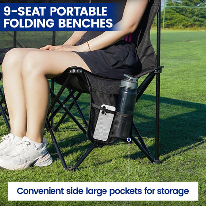 Permade Soccer Bench- Folding Team Bench Soccer 9 Seats, Portable Sideline Sports Benches with Mesh Seat and Back with Bag, Foldable Breathable Chairs for Sports Football Camp Events (Black