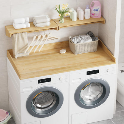 YEMNMFH Solid Wood Washer Dryer Countertop & Wall Mounted Clothes Rack - 2-in-1 Laundry Room Organization and Storage, Floating Garment Shelf with Hanging Rod, Washer Dryer Topper with Anti-Slip Pads