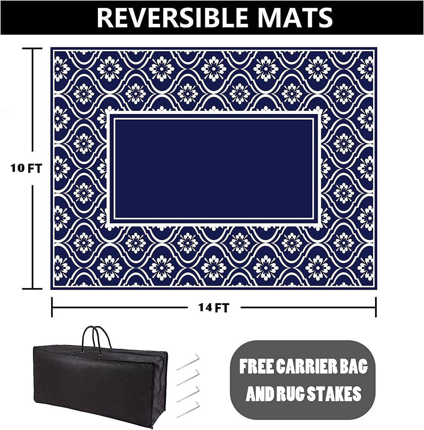 HUGEAR Patio Rug 10'x14' Waterproof Outside Area Rugs Reversible Blue Outdoor Plastic Straw Carpet for RV Deck Camping Entryance Porch Picnic Balcony Beach