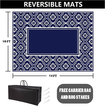 HUGEAR Patio Rug 10'x14' Waterproof Outside Area Rugs Reversible Blue Outdoor Plastic Straw Carpet for RV Deck Camping Entryance Porch Picnic Balcony Beach