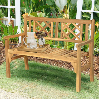 SPORFIT Rustic Garden Bench, Foldable Outdoor Bench with High Back & Armrest, 4 FT Acacia Wood Bench, 2-Person Loveseat Chair for Front Porch, Patio, Backyard & Park, Light Teak Finish