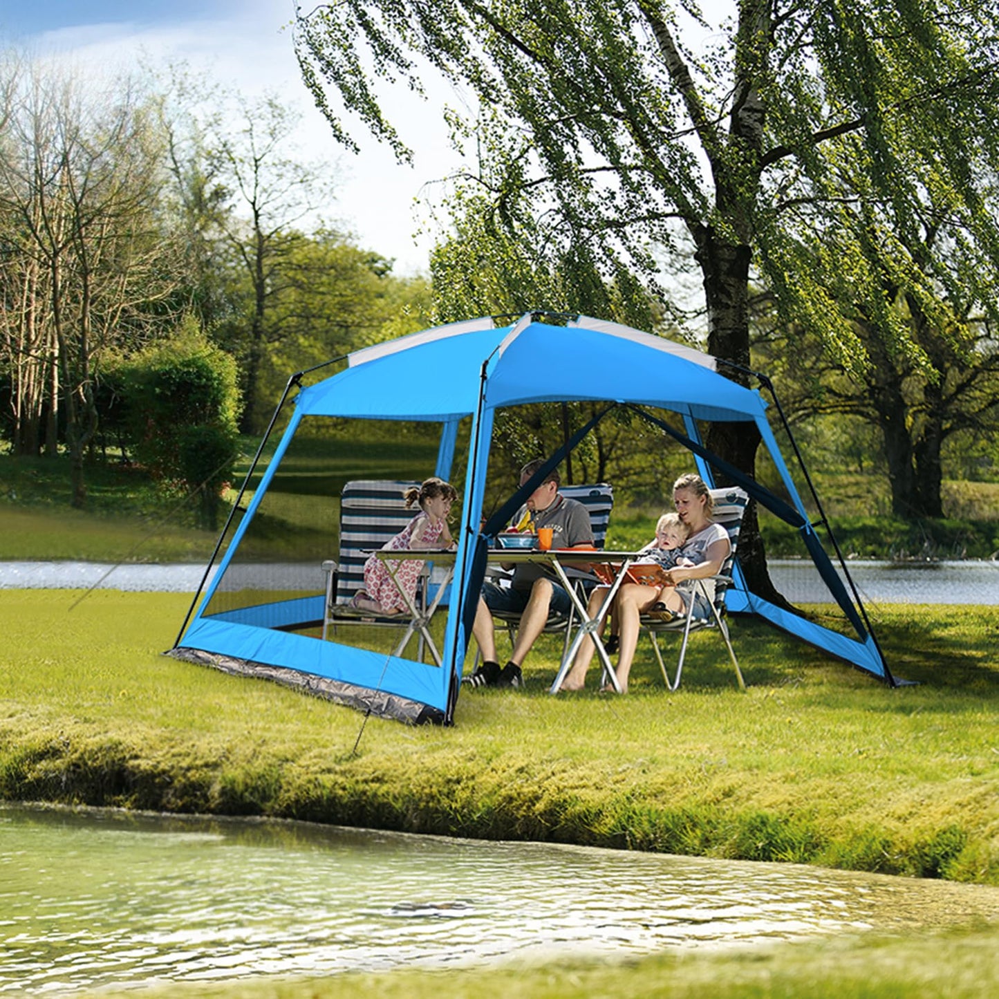 Hyper Venture Screen House 14x14ft Canopy Tent with 5-Sided Netting, Easy Setup, Portable Gazebo Shelter for Outdoor Camping, Gathering, Party, Picnic, Blue