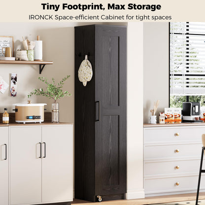 IRONCK Narrow Kitchen Pantry Storage Cabinet, 72" Slim Single Door with 6 Adjustable Shelves, Door Rack and Wheels, Space Saving Freestanding Storage Floor Cabinet for Small Place, Black