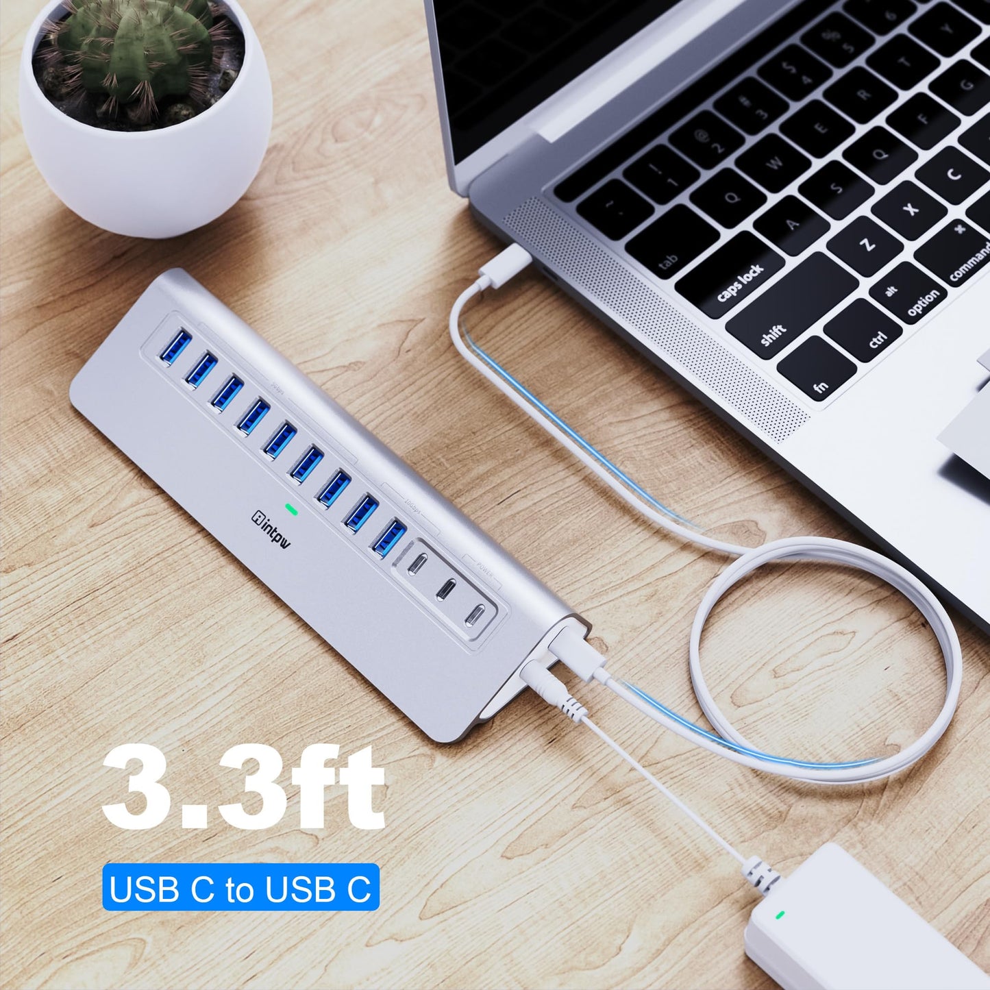Powered USB Hub 10Gbps, intpw 9-Port USB 3.2 Hub, USB C Hub with USB A/USB C 3.2, 4 USB 3.0, 2 PD 45W Charging Ports, 65W Power Adapter and 3.3FT Cable, Aluminum USB Hub for Laptop, iPhone 16/15, PC
