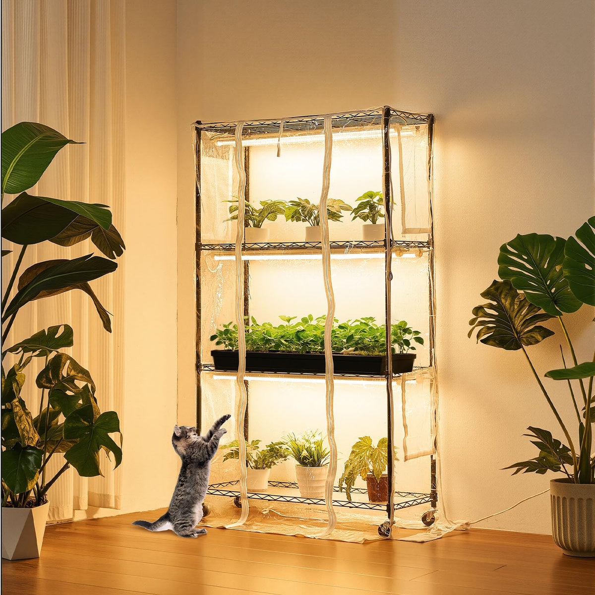 VEVOR Indoor Greenhouse with Grow Light, 59 in Tall 4-Tier Plant Stand with Clear Cover, Timer & Hygrometer, 180W Full Spectrum Grow Lights, Metal Lighted Plants Shelf Holder for Indoor Plants
