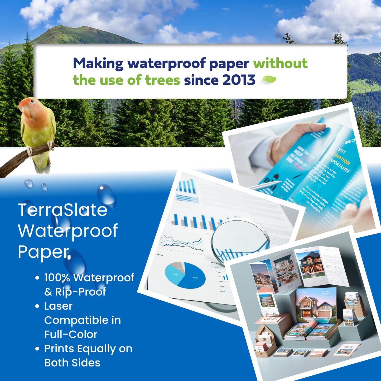 TerraSlate Waterproof Laser Printer Paper, 5 MIL 8.5" x 14", White, 250 Sheets I Rain/Weather/Rip-Proof Printing Paper