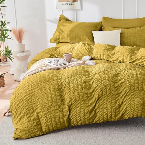HYMOKEGE King Size Comforter Set - Mustard Yellow Seersucker 7-Piece Luxury Bedding Set