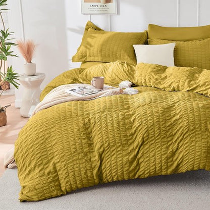 HYMOKEGE King Size Comforter Set - Mustard Yellow Seersucker 7-Piece Luxury Bedding Set