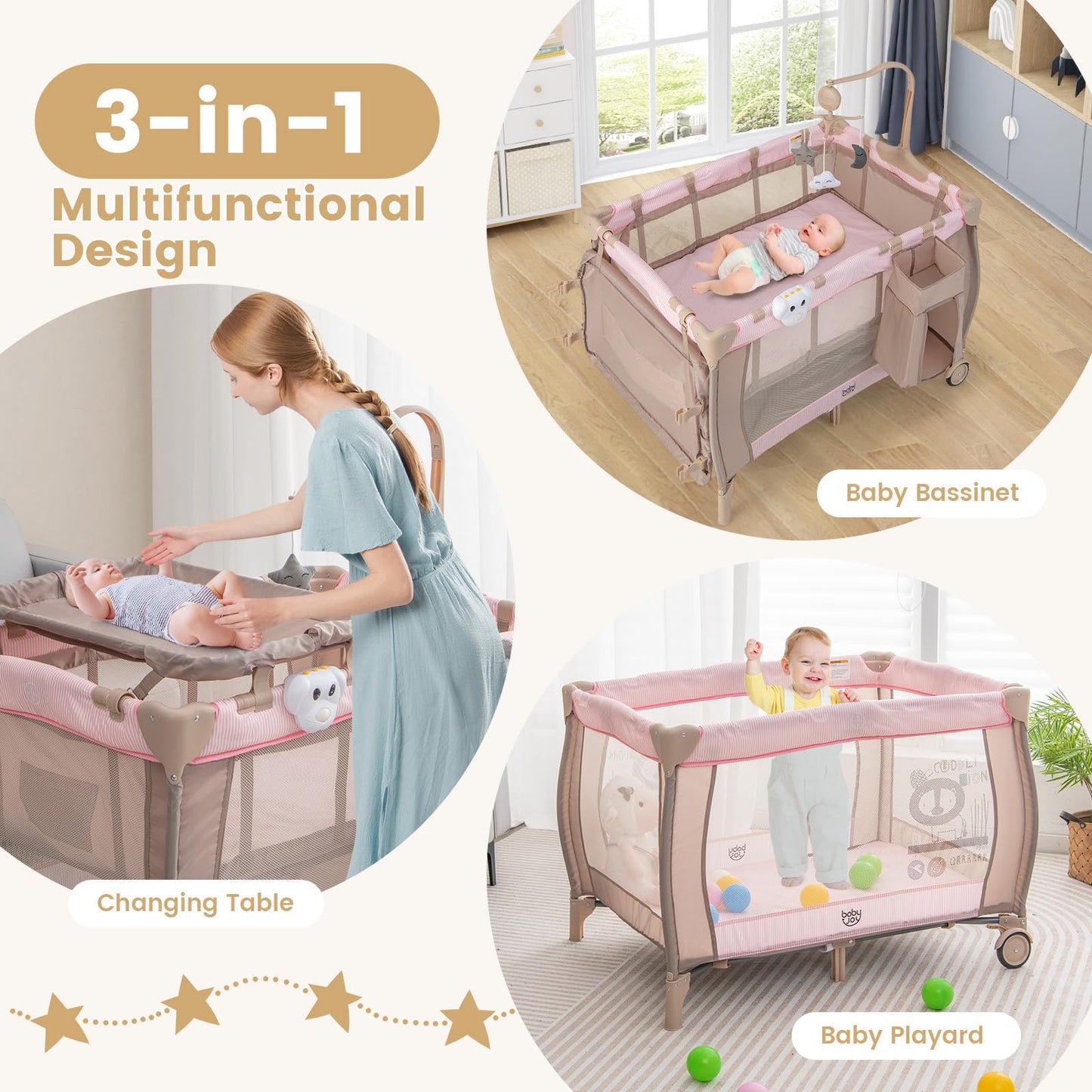 Costzon 3 in 1 Pink Pack and Play with Bassinet, Portable Baby Playard with Changing Table, Music Box, Hangings, Wheels/Brake, Basket, Foldable Infant Pink Bassinet Crib for Baby Girl Toddlers