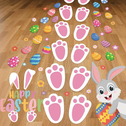 129 Pcs Easter Bunny Footprint Stickers for Floor Removable Easter Bunny Feet Paw Stickers Bunny Paw Print Easter Egg Flower Print Holiday Party Decorations Home Floor Window Decor Egg Hunting Games