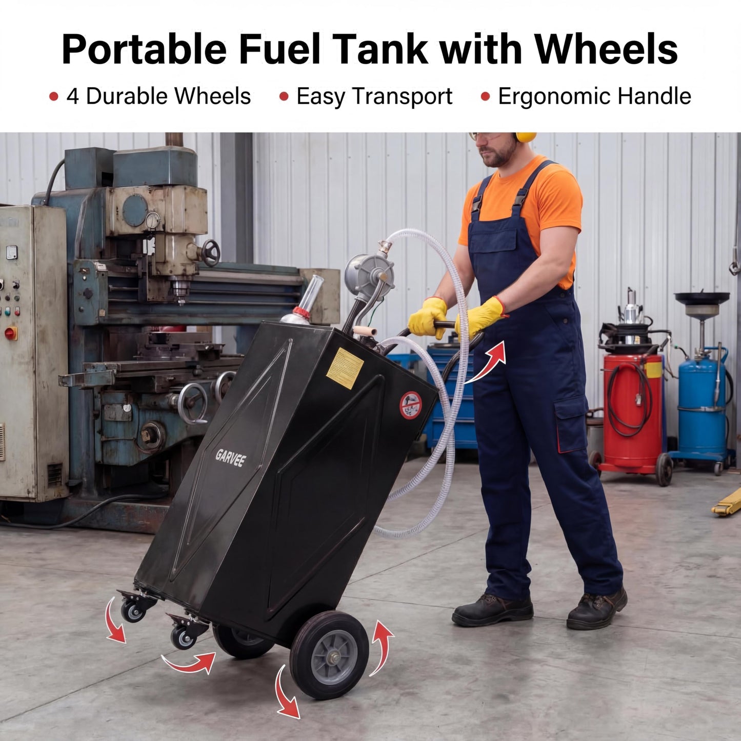 GarveeTech 35 Gallon Fuel Caddy with Manual Pump, Portable Fuel Transfer Tank on Wheels, Heavy Duty Gasoline & Diesel Storage Container for Trucks, Boats, ATVs, Lawn Mowers, Farm Equipment - Black