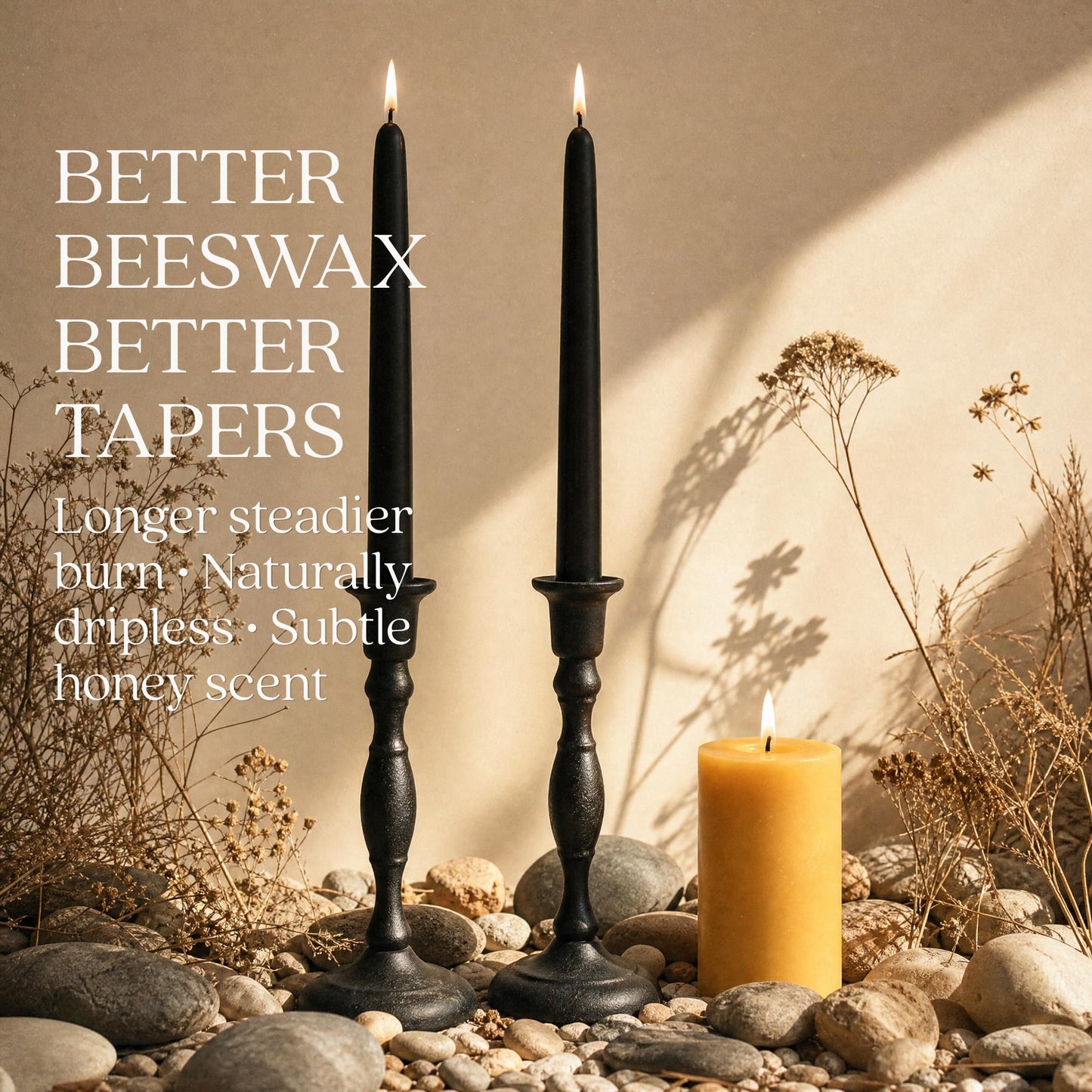 Bluecorn Beeswax Taper Candles, 100% Pure Natural Bees Wax, Pair of 12 Inch Black Tapered Candlesticks, Clean Burning & Dripless, Fragrance Free, Long Lasting, Home Decor, American Made, 1 Count