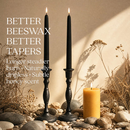 Bluecorn Beeswax Taper Candles, 100% Pure Natural Bees Wax, Pair of 12 Inch Black Tapered Candlesticks, Clean Burning & Dripless, Fragrance Free, Long Lasting, Home Decor, American Made, 1 Count