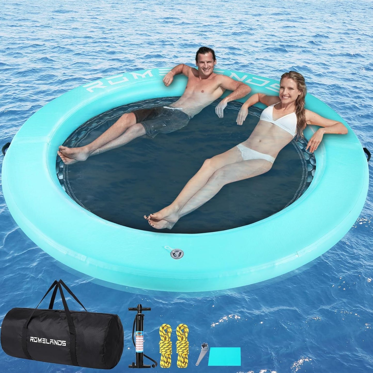 Inflatable Water Hammock Floating Dock, Round Float Ring for Summer Party, Heavy-Duty Raft Platform for Lakes Pools Oceans, Portable Lounger for Adults