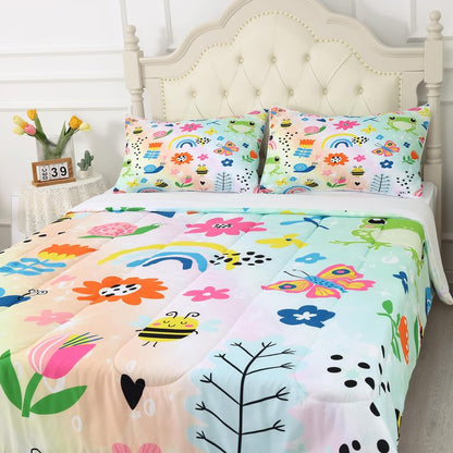 FUYEUN Rainbow Comforter Set Queen Size Cartoon Frogs Bedding Sets for Girls Kids Women Boys Flowers Butterfly Bees Snails Insects Cute Kawaii Quilt 1 Comforter + 2 Pillow Cases