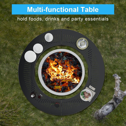 LS'BABQ 40" Fire Pit Surround Tabletop with Waterproof Cover for Solo Stove Bonfire & Ranger, Round Outdoor Fire Pit Table for Most Wood-Burning Stoves Under 22" Dia for Camping, Powder-Coated Steel