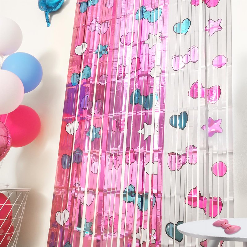 Bupelo Kawaii Birthday Decorations, 2 Pack Cartoon Cat Theme Party Supplies, 3.3 x 6.6ft Tinsel Foil Fringe Curtains, Bow Photo Booth Props, Backdrop Streamers, Perfect Room & Doorway Decor for Girls