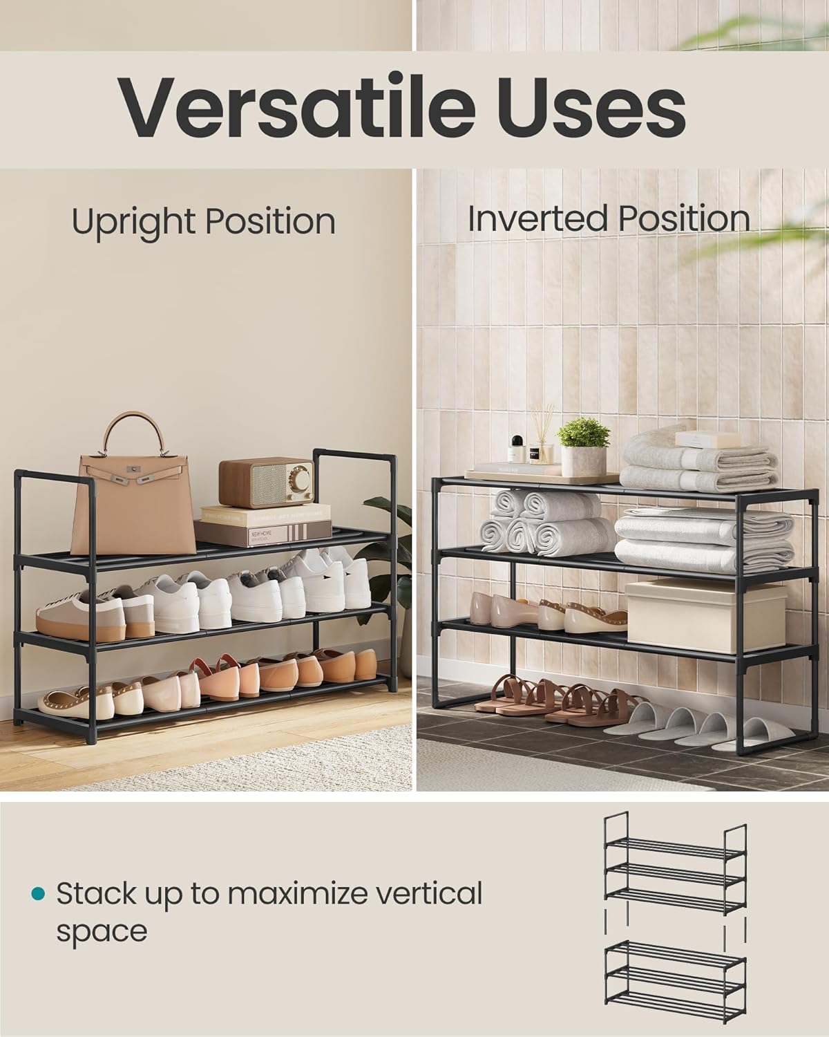 SONGMICS 3-Tier Shoe Rack - Stackable Metal Organizer for 16-20 Pairs | Black, 11.8 x 36.2 x 21.7 Inches