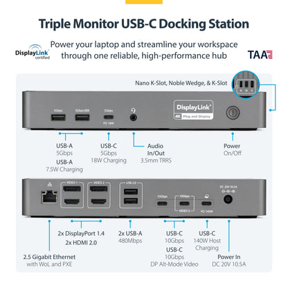 StarTech Triple Monitor USB-C Docking Station, 4K 60Hz DisplayLink Dock for MacBook M1 M2 M3 M4 & Windows, 2.5GbE, 2X HDMI & 2X DP, 140W Laptop Charging, USB-C DP Alt Mode - TAA