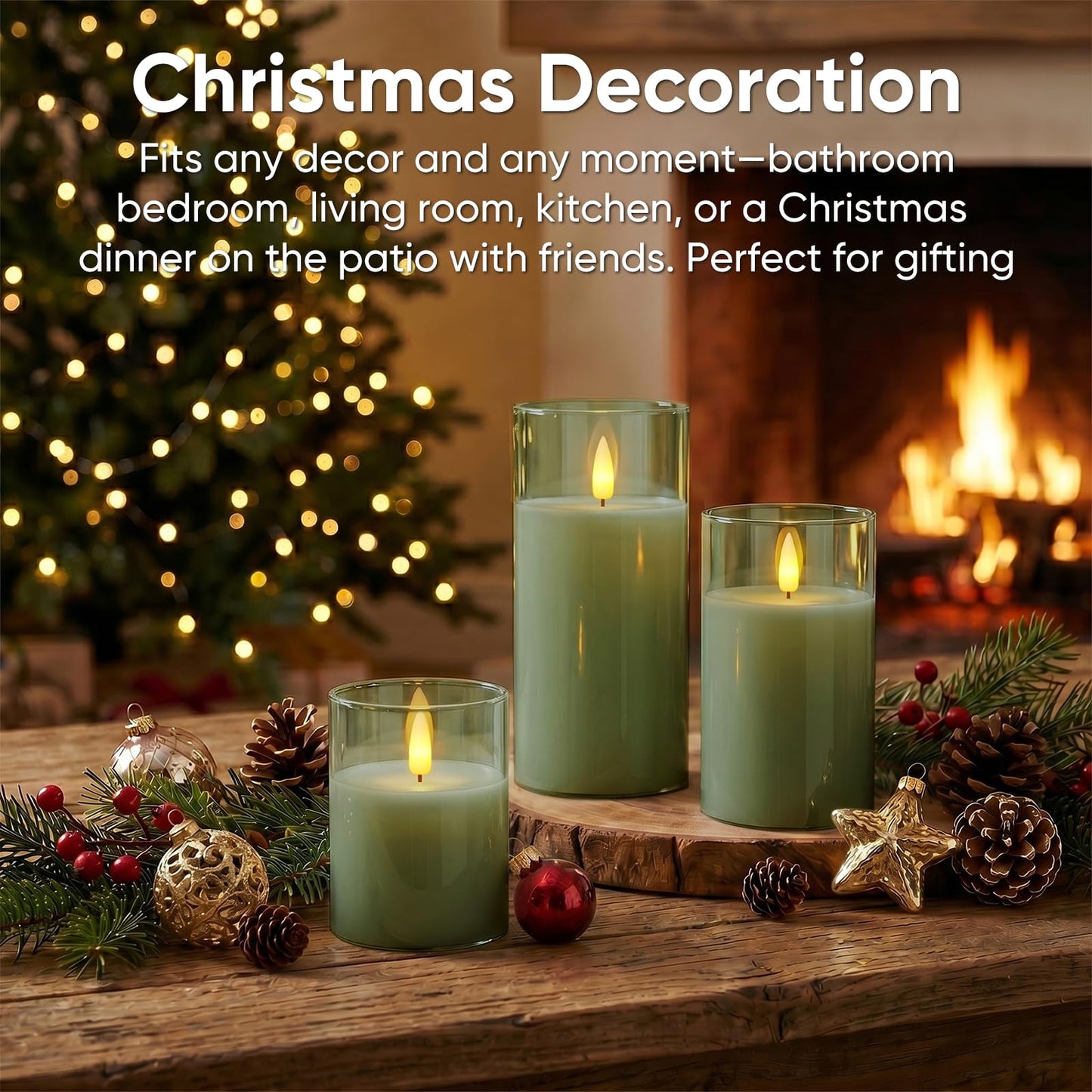 5plots Glass Battery Operated Green Flameless Candles with Remote Timer, 3D Wick Real Wax Pillar Led Candles Warm Flickering Light for Indoor Home, Halloween, Christmas Decor D3 x H4 5" 6", Set of 3