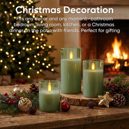 5plots Glass Battery Operated Green Flameless Candles with Remote Timer, 3D Wick Real Wax Pillar Led Candles Warm Flickering Light for Indoor Home, Halloween, Christmas Decor D3 x H4 5" 6", Set of 3
