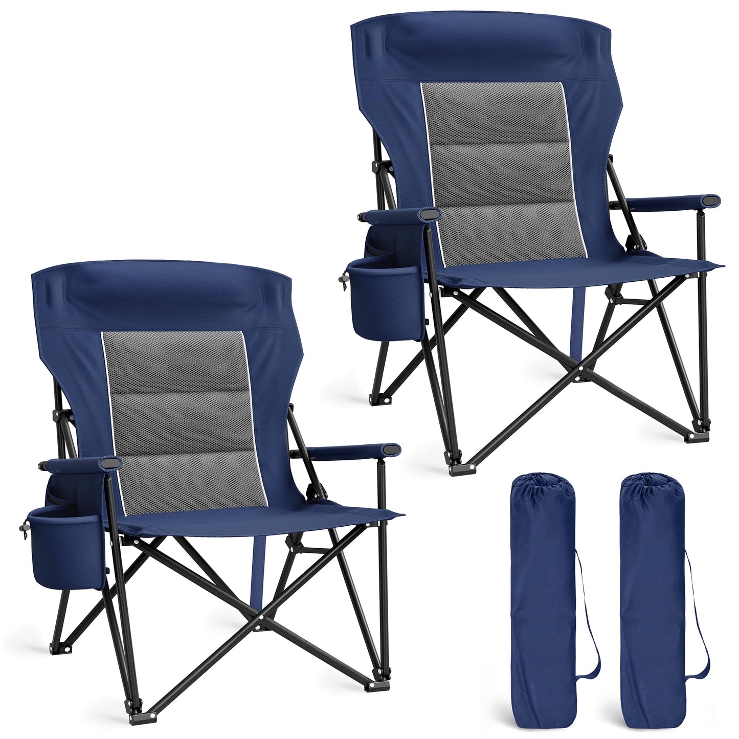 LET'S CAMP Oversized Camping Chairs 29.52" High Back Heavy Duty Lawn Chair Support 500LBS, Portable Collapsible Chair with Cup Holder, Side Pocket,2 Pack(Blue)