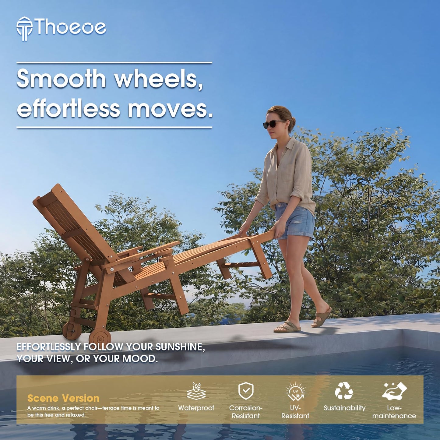 THOEOE Patio Chaise Lounge Chair, Oversized Lounge Chair Outdoor with 5 Positions, 78″ Long, HDPE, Patio Lounge Chair with Wheels & Cup Holder for Pool, Deck, Poolside,Wood
