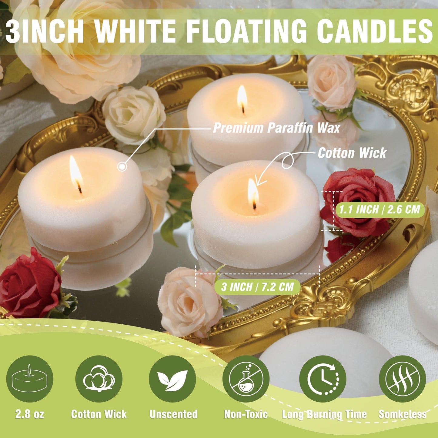 Auralome White Floating Candles 3-Inch - 12 Pack Water Floating Candle Long Burning Candle Set Unscented Candles Floating for Centerpieces Wedding Dinner Thanksgiving Party Home Decor