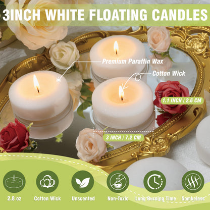 Auralome White Floating Candles 3-Inch - 12 Pack Water Floating Candle Long Burning Candle Set Unscented Candles Floating for Centerpieces Wedding Dinner Thanksgiving Party Home Decor