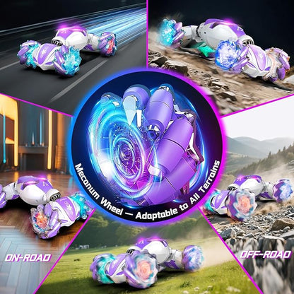 Gesture Sensing RC Stunt Car 4WD Hand-Controlled 2.4GHz Remote Control Drift Cars for Boys Girls Age 6-8-12 All-Terrain Off-Road Twist Toy Cars with Lights Music for Birthday Gifts(Purple)