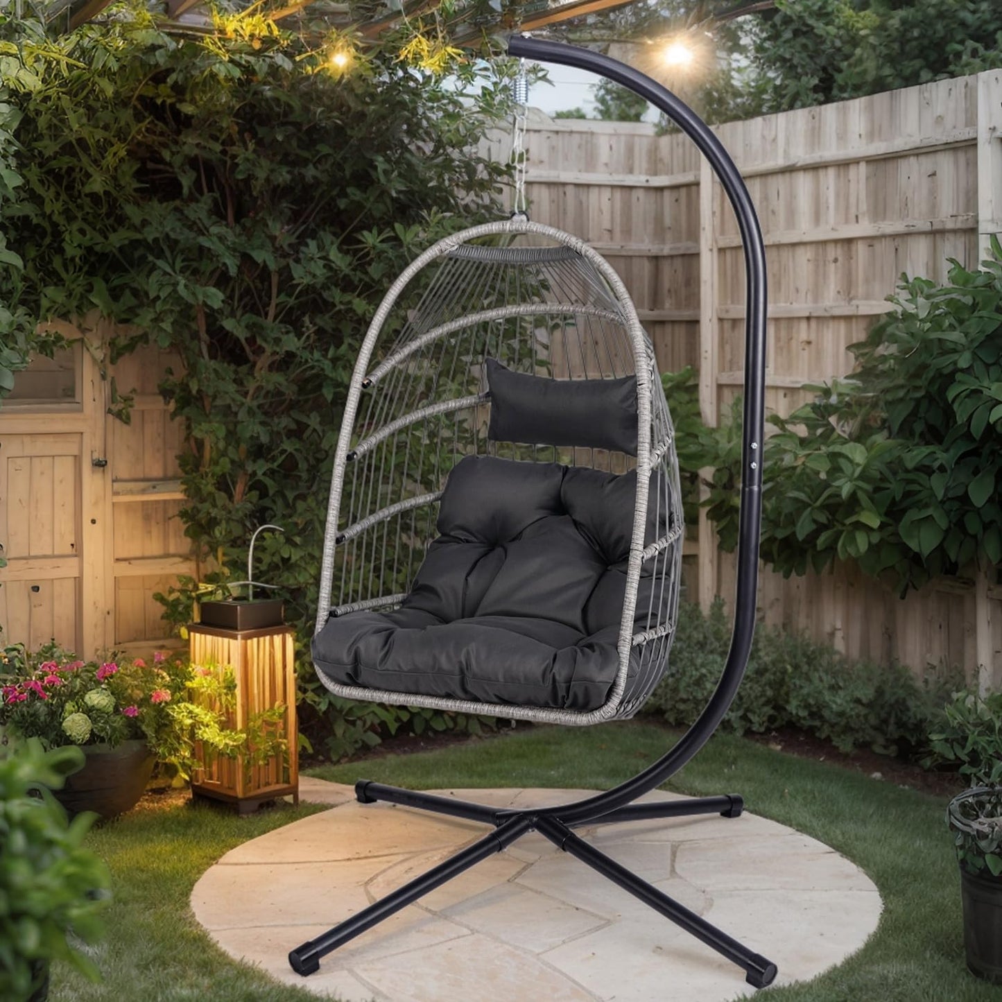 KEIKI Egg Chair - Foldable Rattan Hanging Chair with Stand & Cushion, 350LBS Capacity, Indoor Outdoor Basket Chair for Patio, Garden, Bedroom, Balcony - Black and Gray Wicker Hammock Swing Chair
