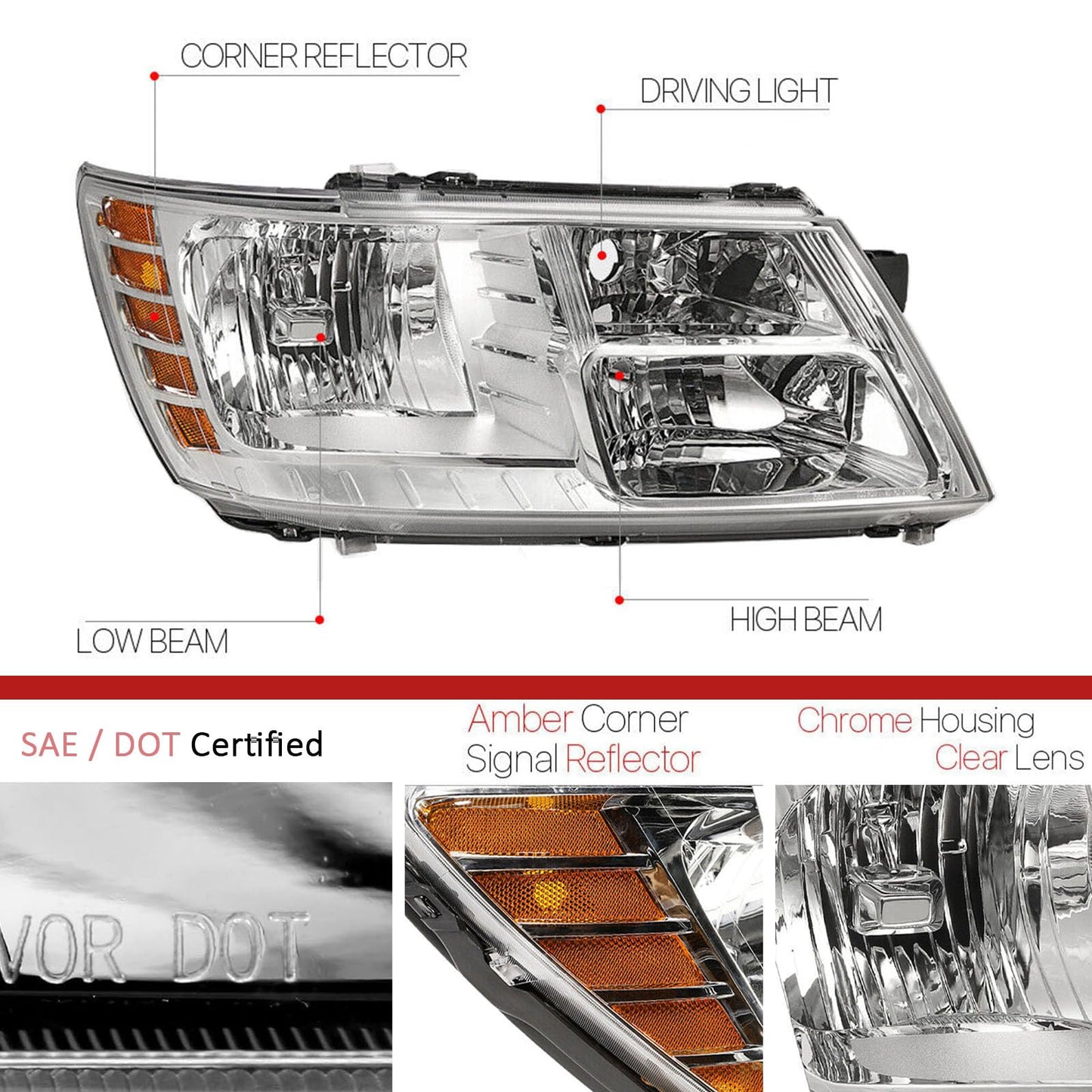 For 2009 2010 2011 2012 2013 2014 2015 2016 2017 2018 2019 2020 Journey Headlight Assembly Compatible with 2009-2018 Dodge Journey Clear Lens Chrome Housing Amber Reflector Headlamp Replacement