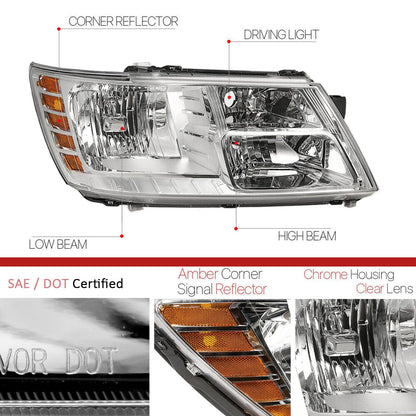For 2009 2010 2011 2012 2013 2014 2015 2016 2017 2018 2019 2020 Journey Headlight Assembly Compatible with 2009-2018 Dodge Journey Clear Lens Chrome Housing Amber Reflector Headlamp Replacement