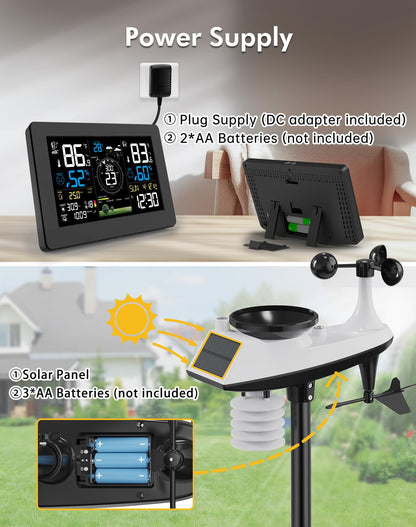 WiFi Weather Station Wireless Indoor Outdoor, Thermometer with Rain Gauge and Wind Speed/Direction, Large Display for Weather Forecast, Temperature, Humidity, Clock, Alarm, UV, Air Pressure, Black