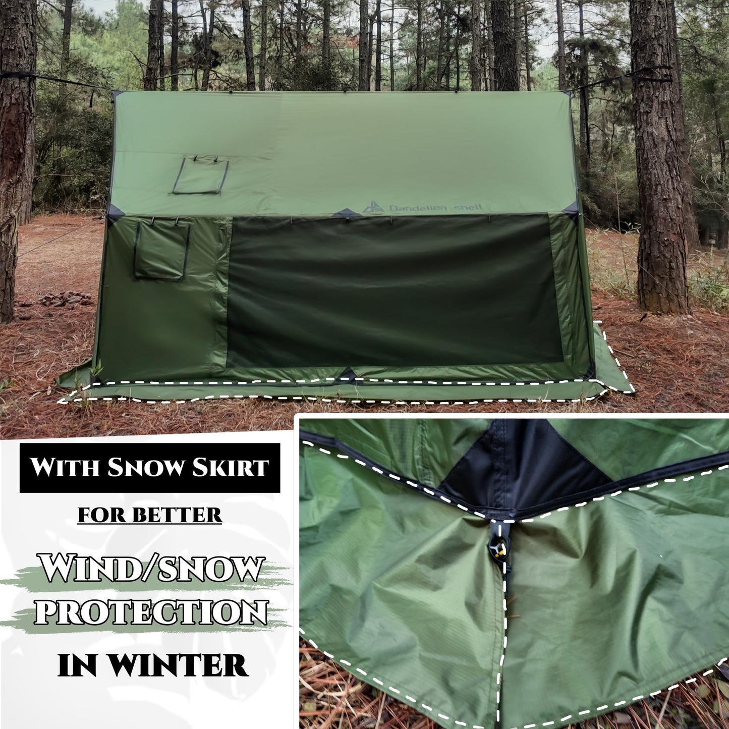 Dandelion Shell Hammock Hot Tent with Stove Jack and Double-Sided mesh Windows - Spacious, Versatile Wall Tent with Snow Skirt(No Poles)-Green Waterproof & Windproof, Ideal for Camping, Backpacking