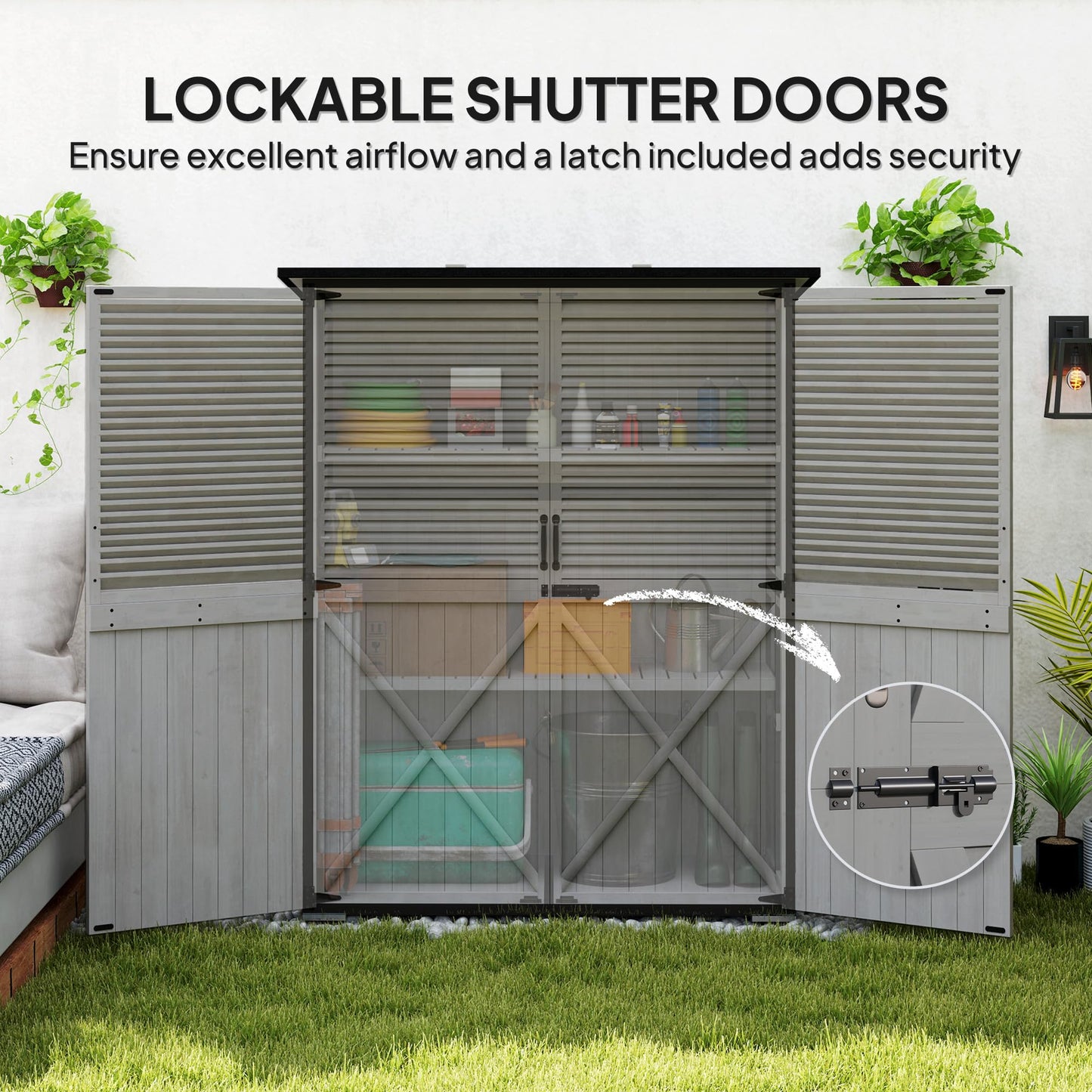 Outsunny Outdoor Storage Cabinet, Wood Garden Tool Shed with Lock, Steel Frame and Asphalt Roof, Garden Storage Shed with Adjustable Shelves and Feet for Patio Backyard Lawn, Gray