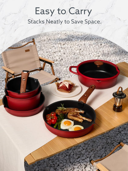 CAROTE 20Pcs Titanium Cookware Set, Pots and Pans Set Non Stick, Kitchen Cooking Set with Detachable Handle, Non Toxic Induction Cookware - Camping Cookware, Dishwasher/Oven Safe, Red