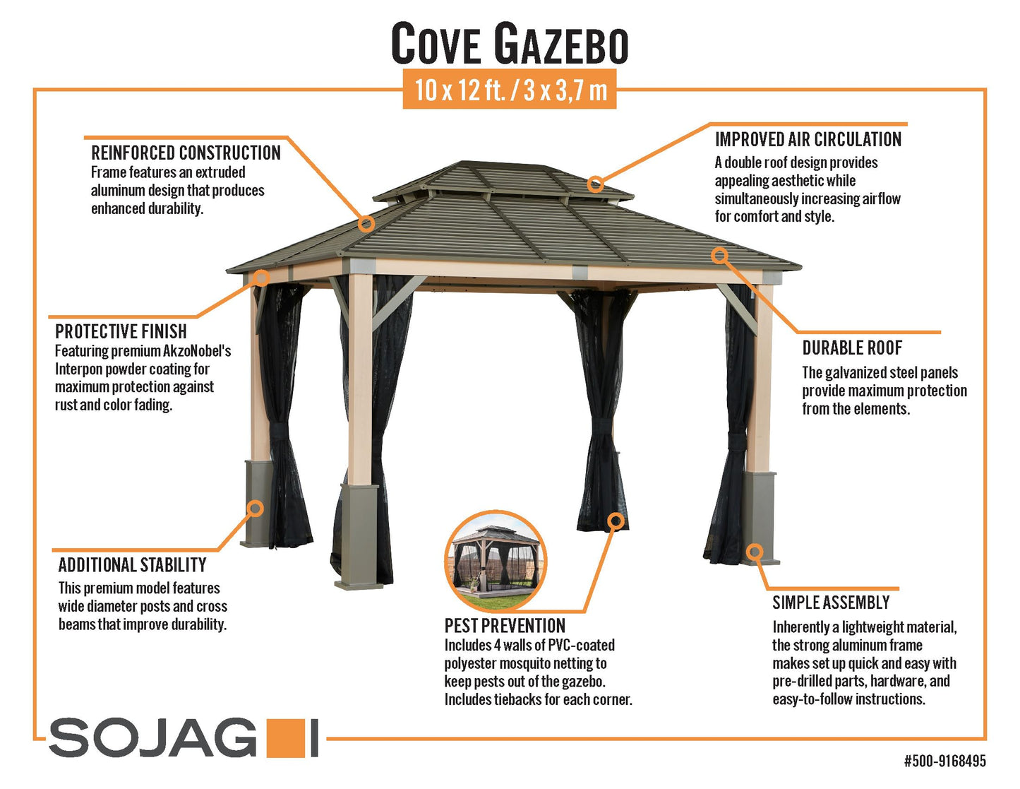 Tommy Bahama Edition Cove 10' x 12' Outdoor Hardtop Gazebo Pavilion for Backyard or Patio, Heavy-Duty Galvanized Steel Double Roof Gazebo, Wood Grain Finish