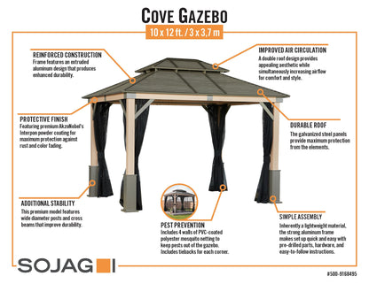 Tommy Bahama Edition Cove 10' x 12' Outdoor Hardtop Gazebo Pavilion for Backyard or Patio, Heavy-Duty Galvanized Steel Double Roof Gazebo, Wood Grain Finish