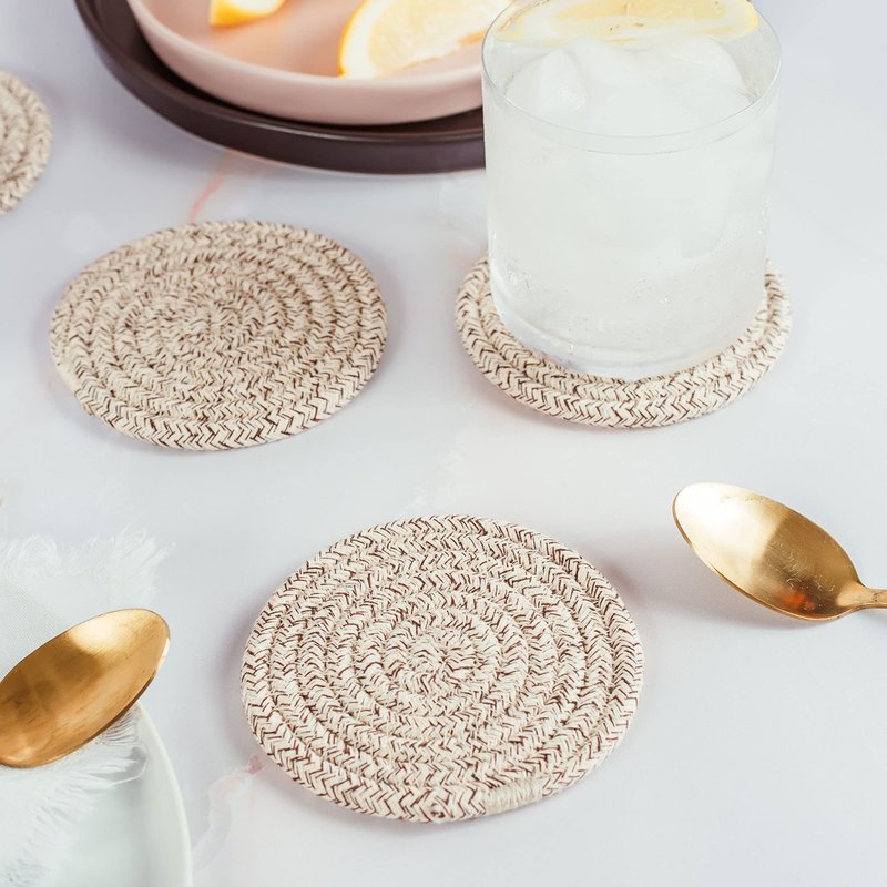 OrganiHaus Drink Coasters Set of 6, Absorbent Cotton Woven Cup Coasters, Rustic Farmhouse Boho Decor for Coffee Table and Drinks Protection, Cute Coaster for Drinks, Coaster for Office Desk - Brown