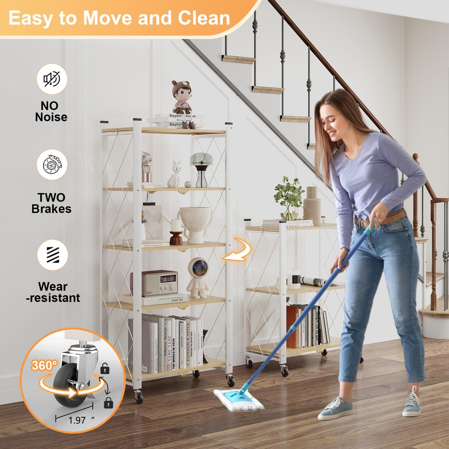 Yuanjimi 5-Tier Foldable Storage Shelves with Wheels, Folding Metal Shelf Unit, Folding Bookshelf no Assembly, Collapsible Shelves for Craft Shows for Kitchen, Bedroom, Living Room, Natural