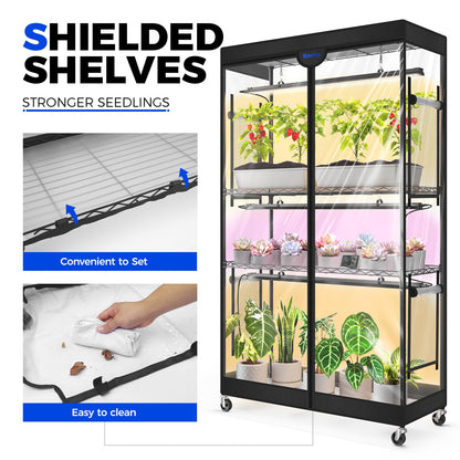 Barrina LP900 Mini Greenhouse with Grow Lights, 4-Tier Plant Stand with 135W TX-S45 3FT 3 Adjustable Full Spectrum Lights , Plant Shelf with Tent Timer & Thermometer for Seed 35.4 x 13.8 x 59.1IN