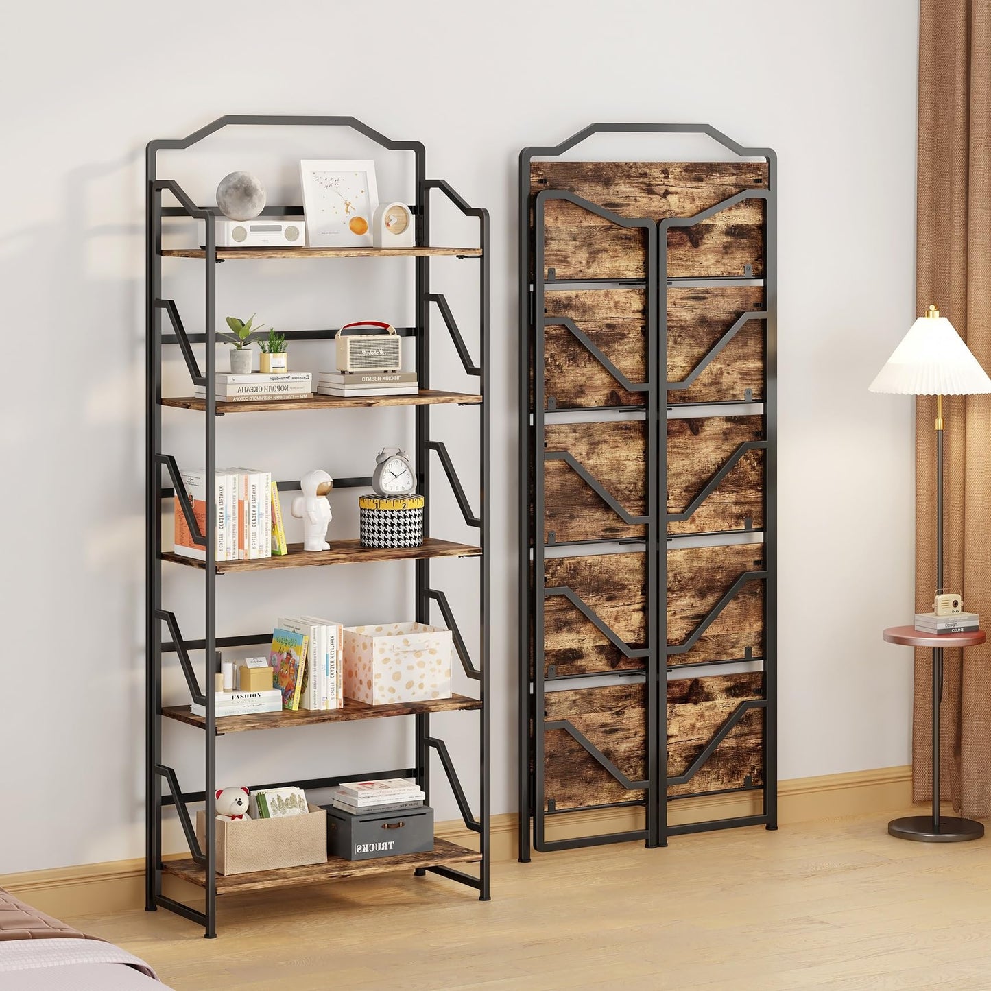 JSB 5 Tier No Assembly Folding Bookshelf, Foldable Storage Bookcase for Home Office, Space-Saving Storage Shelf for Living Room, Bedroom (Rustic Brown, 5-Tier)