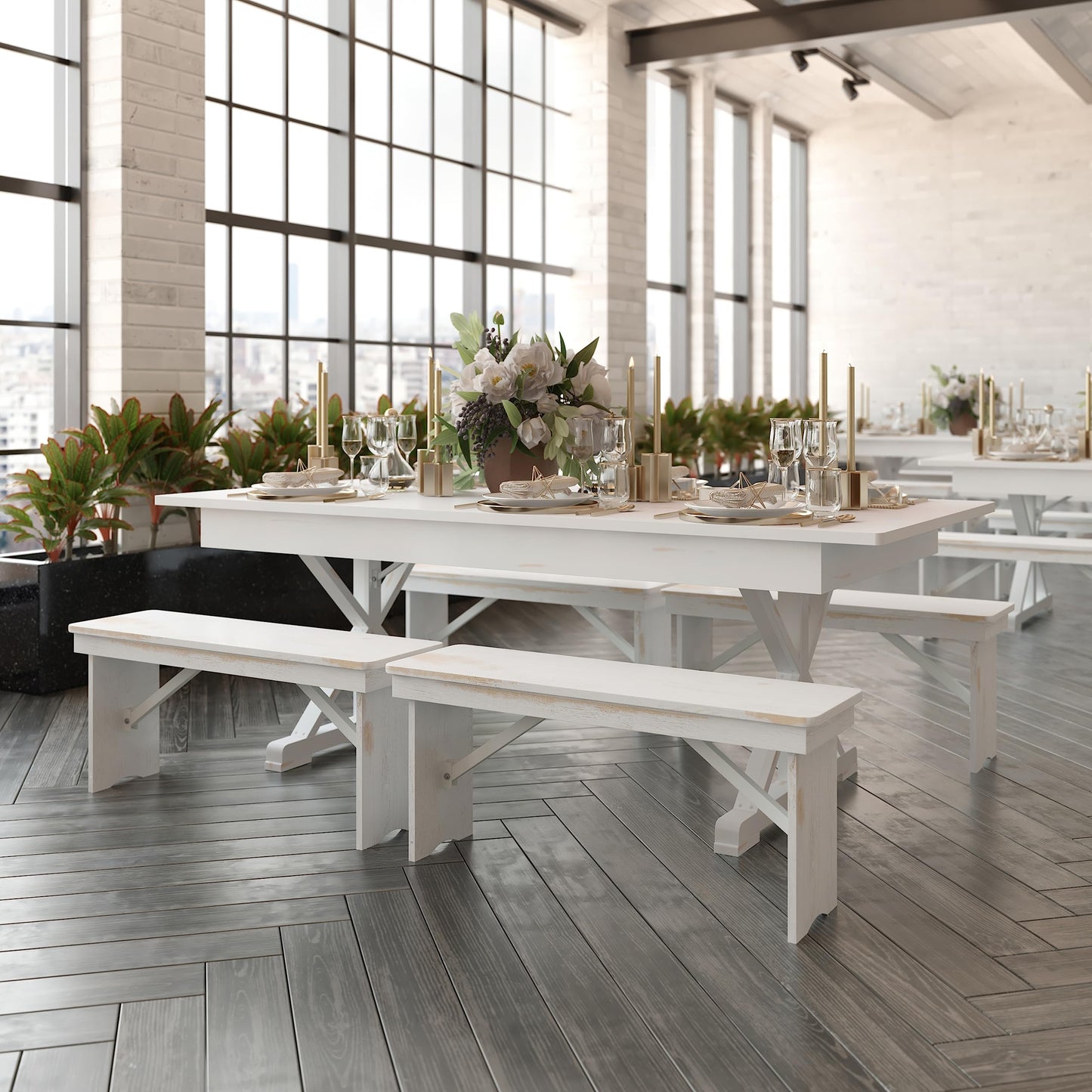 Flash Furniture Hercules Folding Farmhouse Dining Room Table with X Legs, Commercial Grade Rectangular Solid Pine Farm Table for 8, 7' x 40", Antique Rustic White