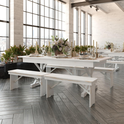 Flash Furniture Hercules Folding Farmhouse Dining Room Table with X Legs, Commercial Grade Rectangular Solid Pine Farm Table for 8, 7' x 40", Antique Rustic White