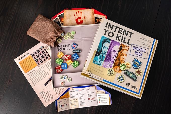 Intent to Kill Deluxe Upgrade by 25th Century Games | Ages 14+ | 2-4 Players | Two New Scenarios | Wooden Upgrade Components | an Evidence Token Bag and Player Screens