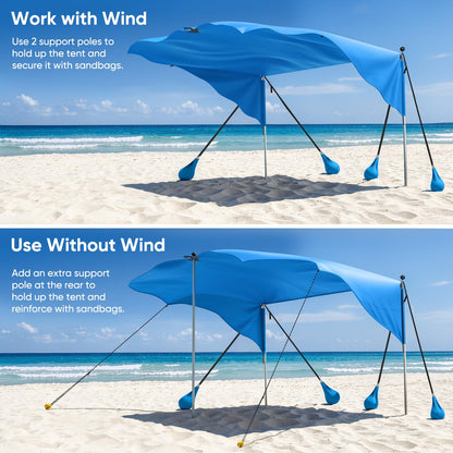MoKo Beach Shade Canopy, 100 Sq.Ft. Wind-Supported Sunshade Sail for 4-6 People, Lightweight Easy Setup Beach Tent with UPF 50+ Sun Protection for Family Travel Coastal Trips, Blue