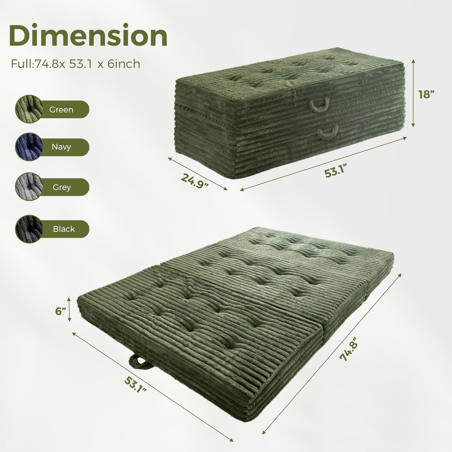 MAXYOYO Floor Sofa Couch, 6 Inch Tri-Fold Floor Sofa Bed, Folding Couch with Handles, Soft Faux Fur Folding Bed with Supportive Foam Filling, Portable Sofa for Living Room, Full, Dark Green