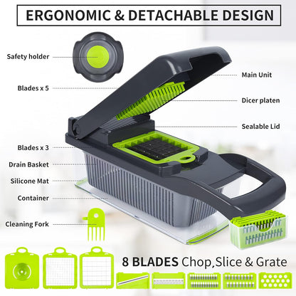 Skiennix Vegetable Chopper Mandoline Slicer - 10-in-1 Multifunctional Kitchen Gadget | Gray/Green