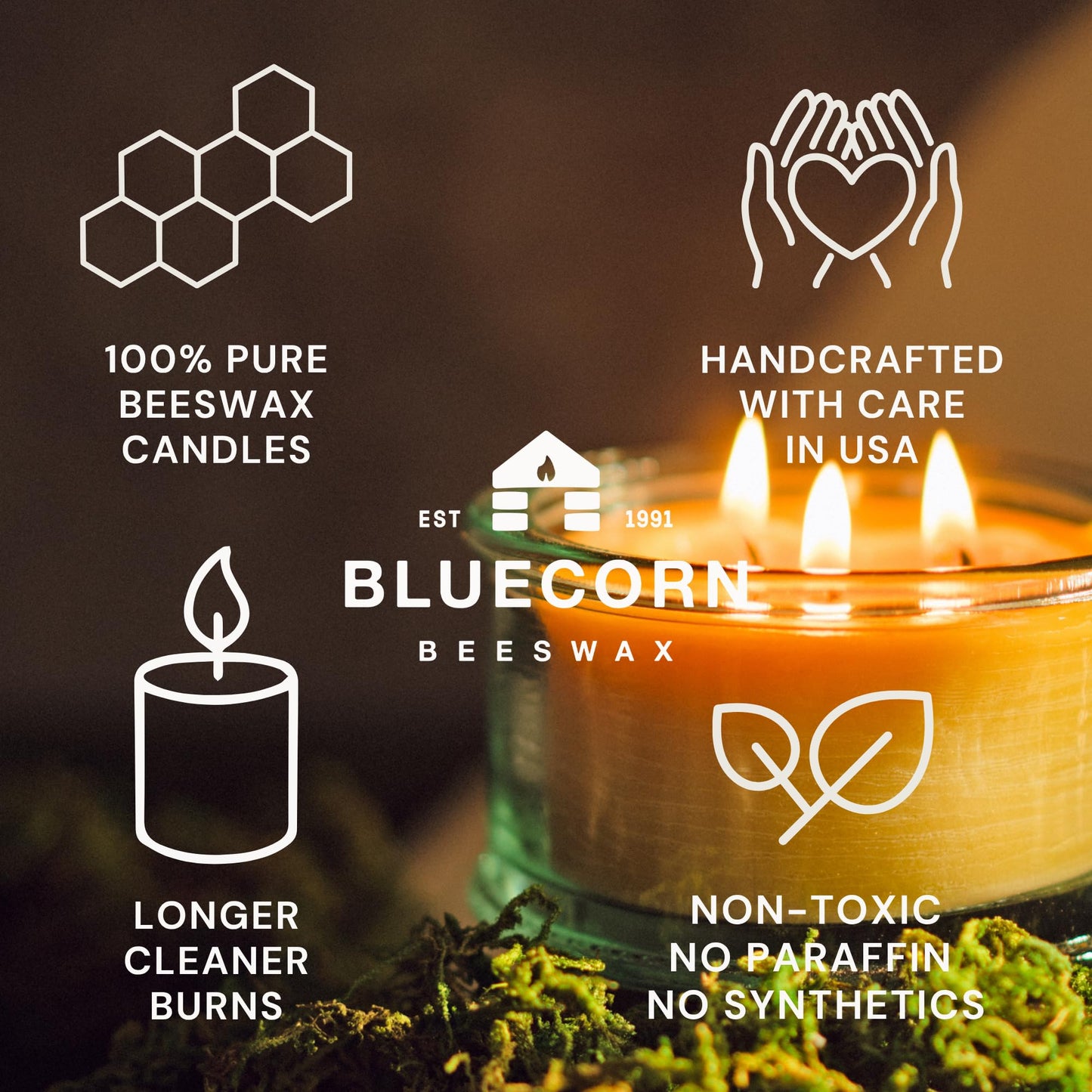 Bluecorn Beeswax 3-Wick Candle – Raw Unscented, 100% Pure Beeswax – 10oz Hand-Blown Recycled Spanish Glass – Non Toxic, Clean Burning, Refillable Glass Jar